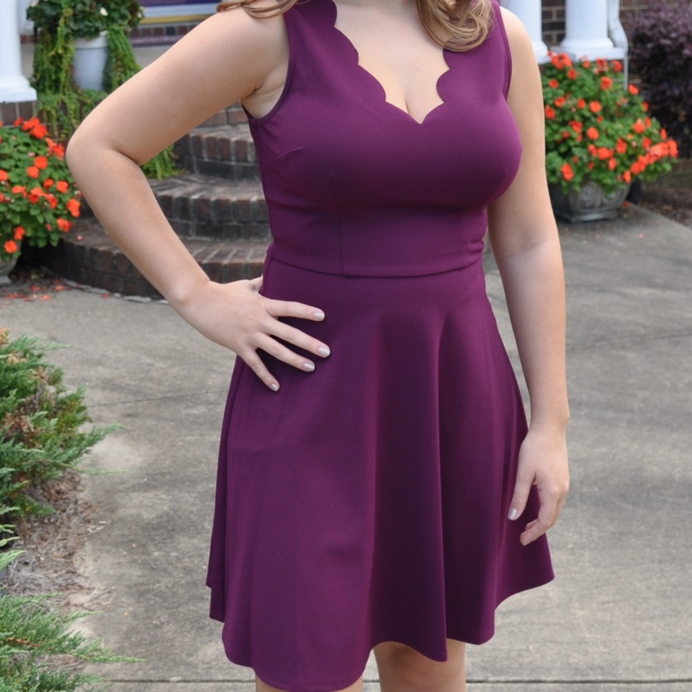 wine homecoming dress with scallop details